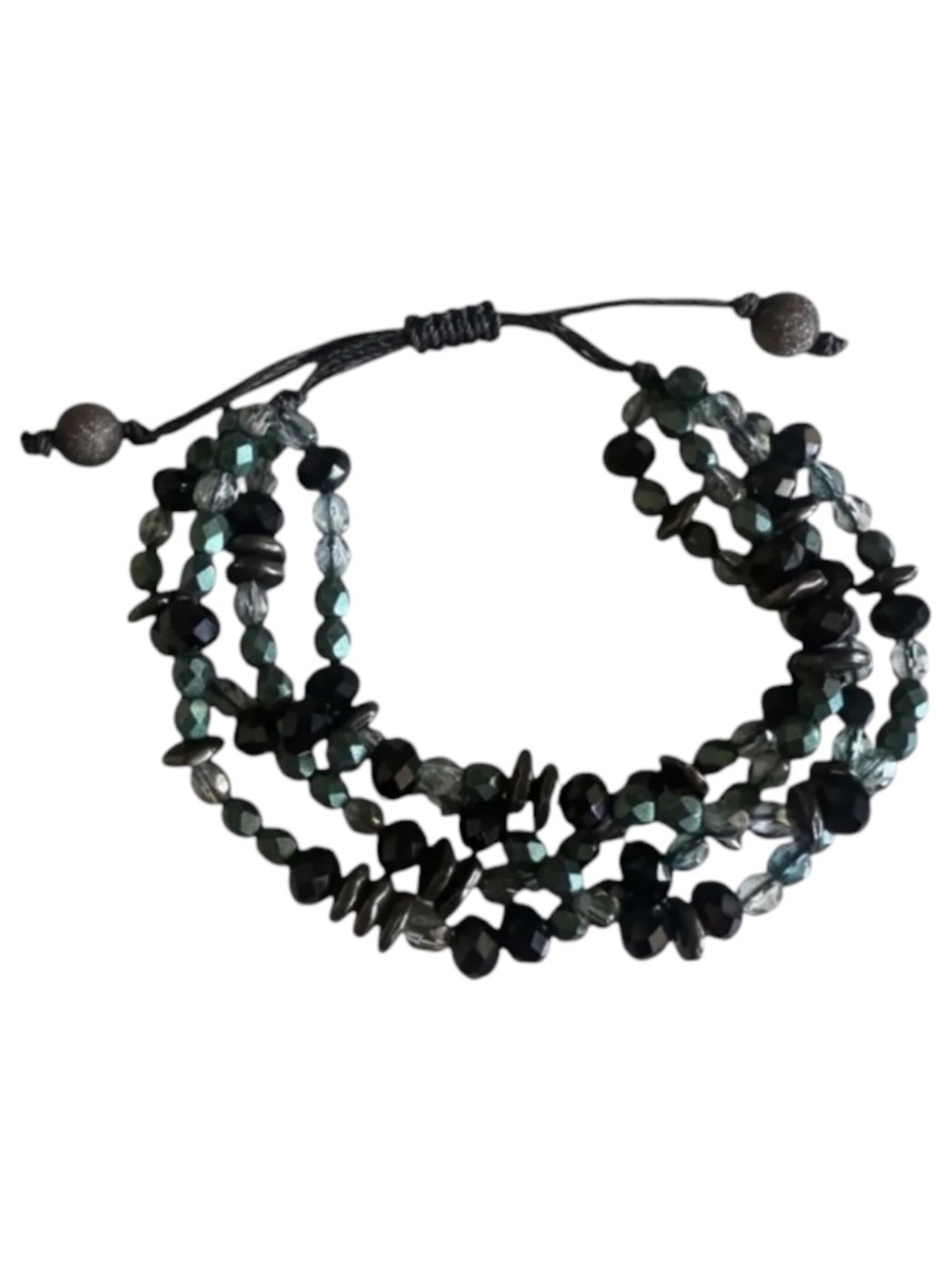 Classic 4 Strand Black Teal Crystal Gunmetal Adjustable Layered Bracelet NEW